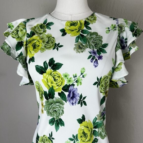 Amanda Uprichard Dress White Green Floral Size Small Fiori Mini Ruffle Sleeve - Picture 2 of 10